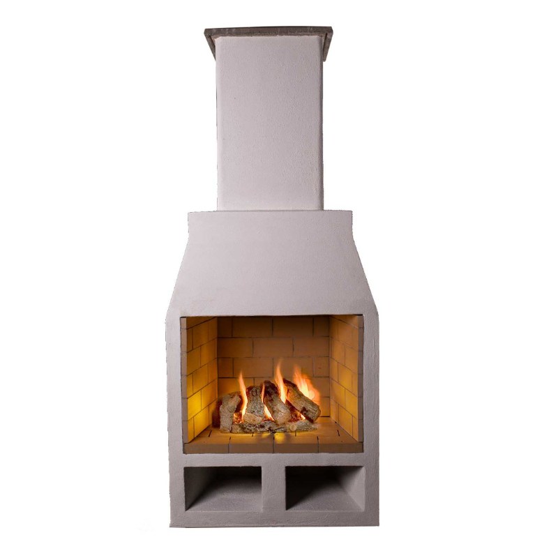 Angled product shot of the Ochre Living Hotham Complete Fireplace Kit on a plain background, showing the side profile, chimney, rendered finish, and open firebox for outdoor fireplace kits Australia.