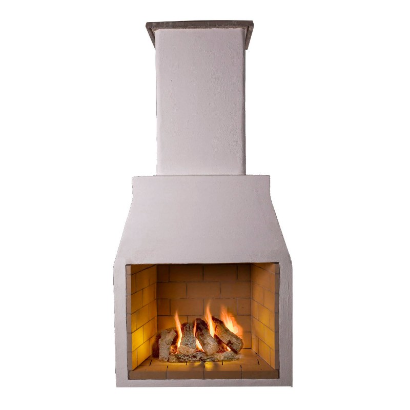 Front product image of the Ochre Living Hotham Complete Fireplace Kit showing the rendered outdoor fireplace with chimney, open firebox, and lower wood storage cavities on a plain background, ideal for outdoor fireplace kits Australia product listings.