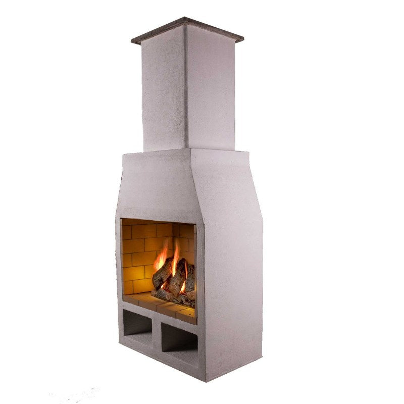 Front product image of the Ochre Living Hotham Complete Fireplace Kit with fire lit and firewood stored in the lower compartments, showing an outdoor fireplace with chimney in an isolated studio-style view.