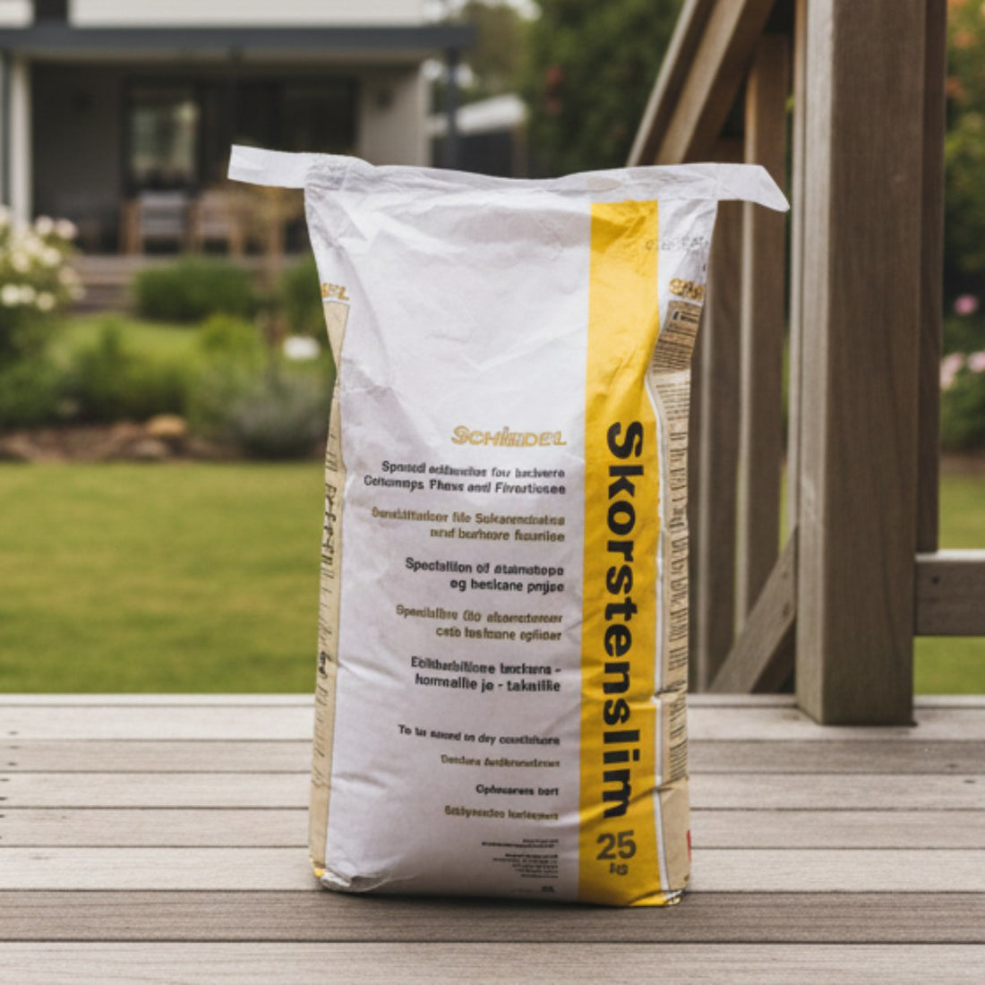Ochre Living jointing adhesive bag standing on a timber deck in a residential backyard, showing construction adhesive used for outdoor fireplace and masonry installation