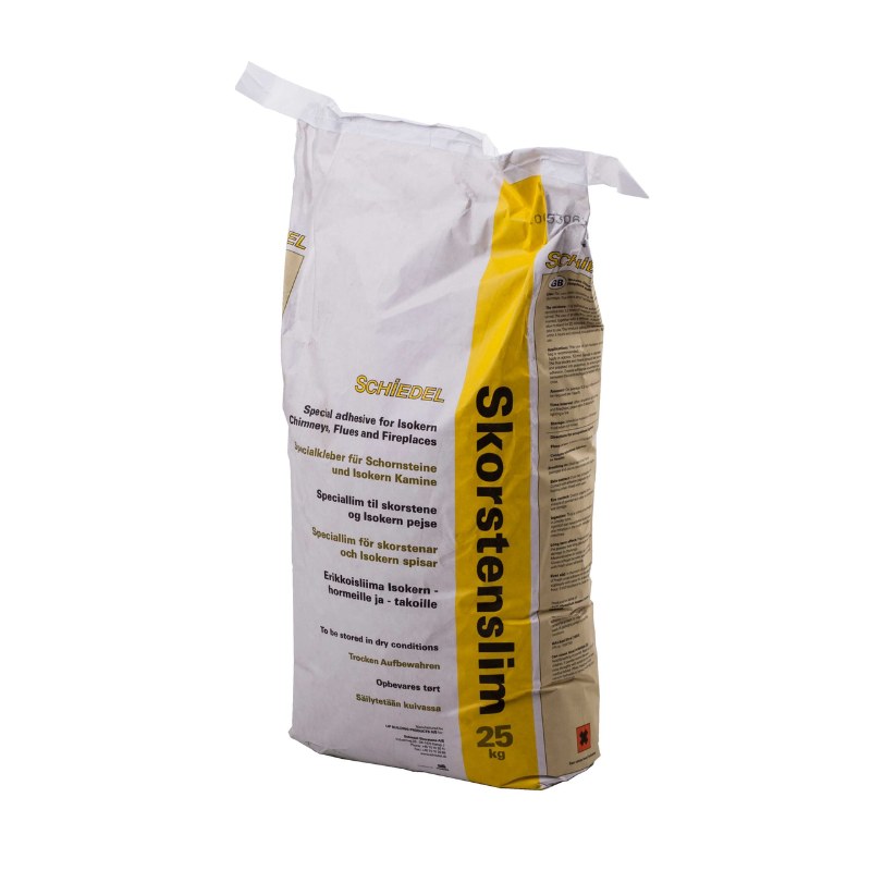Ochre Living jointing adhesive bag on a white background, construction material used for bonding fireplace components and masonry joints with visible product packaging details