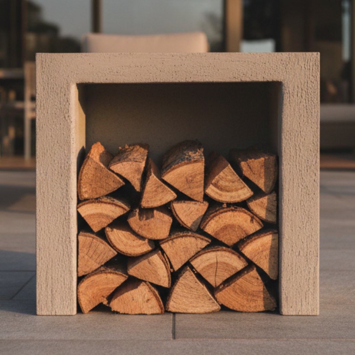 Front view of Ochre Living log store showing evenly stacked firewood inside a rectangular concrete storage unit designed for outdoor fireplace use