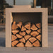 Front view of Ochre Living log store showing evenly stacked firewood inside a rectangular concrete storage unit designed for outdoor fireplace use