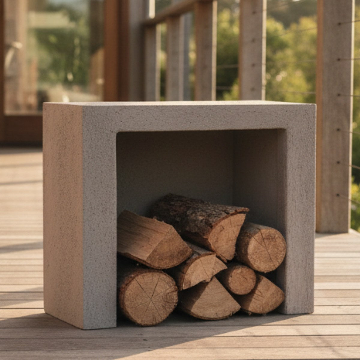 Ochre Living log store placed on a timber outdoor deck, showing a compact concrete firewood storage unit holding neatly stacked logs in a modern outdoor setting