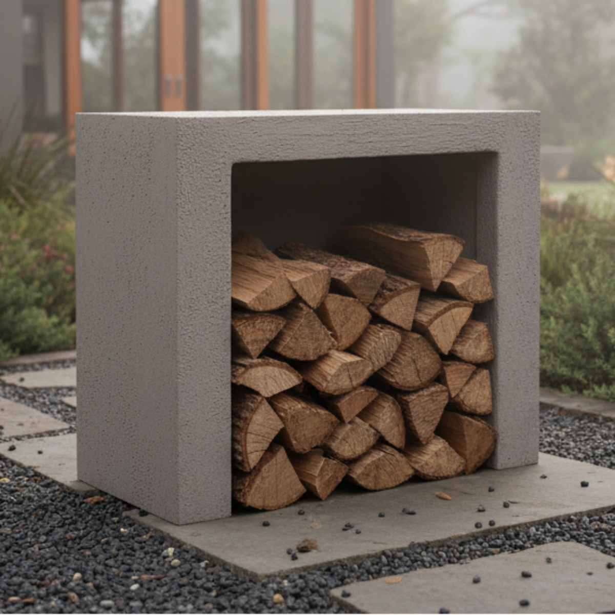 Ochre Living log store positioned on a stone patio, displaying a large firewood storage unit filled with stacked logs in a landscaped outdoor garden area.