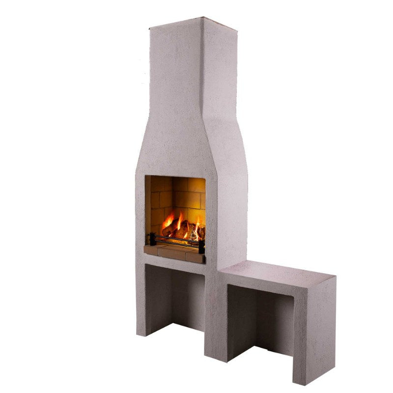 Angled studio view of the Ochre Living Ossa Complete Fireplace Kit featuring the rendered fireplace, chimney, firebox, and right-side bench extension, presented as an outdoor fireplace kit in Australia.