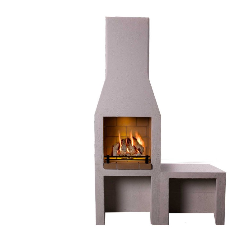 Studio product image of the Ochre Living Ossa Complete Fireplace Kit showing the rendered outdoor fireplace with chimney and single right-side bench extension on a plain background.