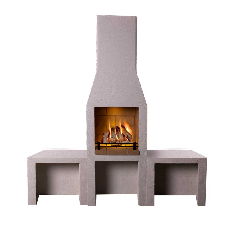 Front product image of the Ochre Living Ossa Complete Fireplace Kit with matching bench extensions on both sides, showing the fireplace lit and ready for outdoor entertaining.