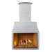 Front-facing studio image of the Ochre Living Perisher Complete Fireplace Kit with a lit fire, showing the rendered chimney design and open firebox on a plain background