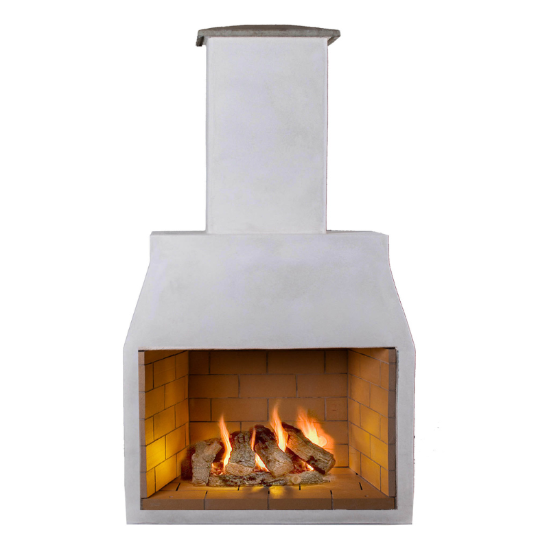Front-facing studio image of the Ochre Living Perisher Complete Fireplace Kit with a lit fire, showing the rendered chimney design and open firebox on a plain background