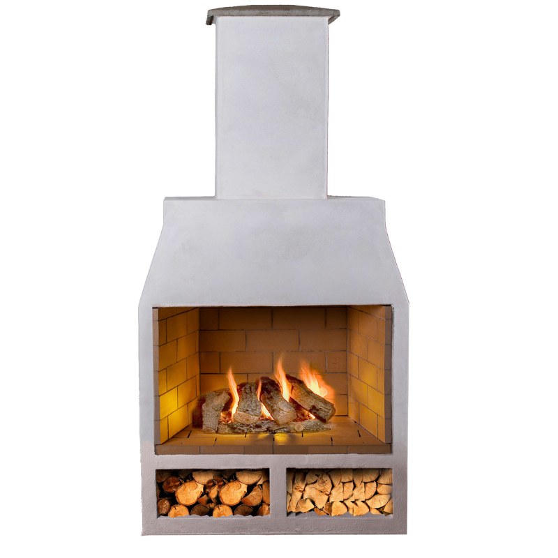 Studio product image of the Ochre Living Perisher Complete Fireplace Kit in a white rendered finish, showing the full outdoor fireplace with chimney, open firebox, and built-in wood storage compartments
