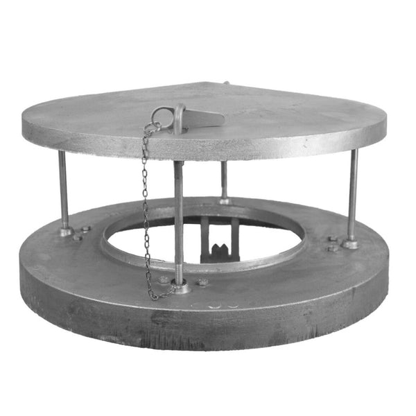 Close-up of Ochre Living Rain Cap chimney cap in galvanised steel showing circular lid, support rods, and chain locking mechanism on a clean white background