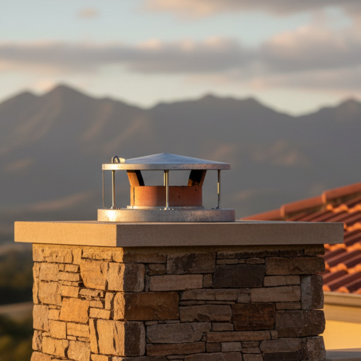 Ochre Living Rain Cap installed on a stone chimney outdoors with mountain landscape in the background, showing how the chimney cap protects against rain while maintaining airflow