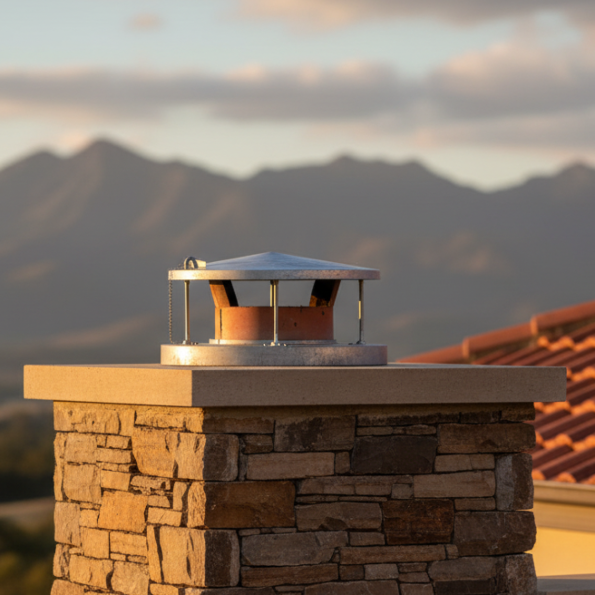 Ochre Living Rain Cap installed on a stone chimney outdoors with mountain landscape in the background, showing how the chimney cap protects against rain while maintaining airflow