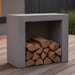 Ochre Living Side Log Store Ossa placed on a timber deck in an alfresco setting filled with stacked firewood, showing its practical outdoor fireplace log storage use