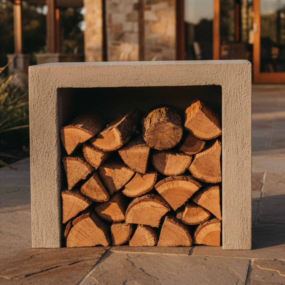 Ochre Living Side Log Store Ossa used as a wood outdoor fireplace log storage unit in a residential outdoor living space, filled with cut logs and styled beside a modern home