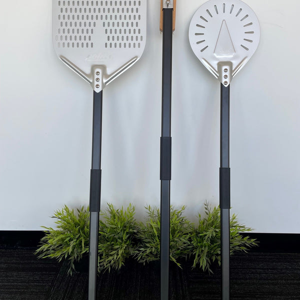 Polito 3-Piece Pizza Oven Tool Set: perforated pizza peel, round turning peel and oven brush
