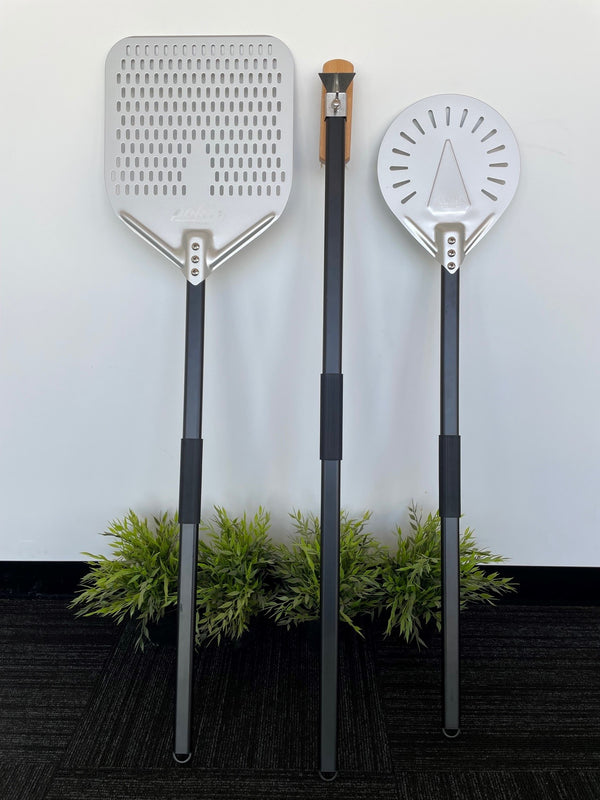 Polito 3-Piece Pizza Oven Tool Set: perforated pizza peel, round turning peel and oven brush