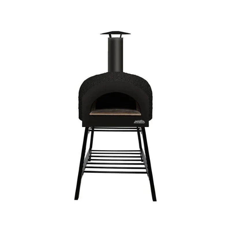 Polito Donatello II wood fire oven in black on the steel tower stand