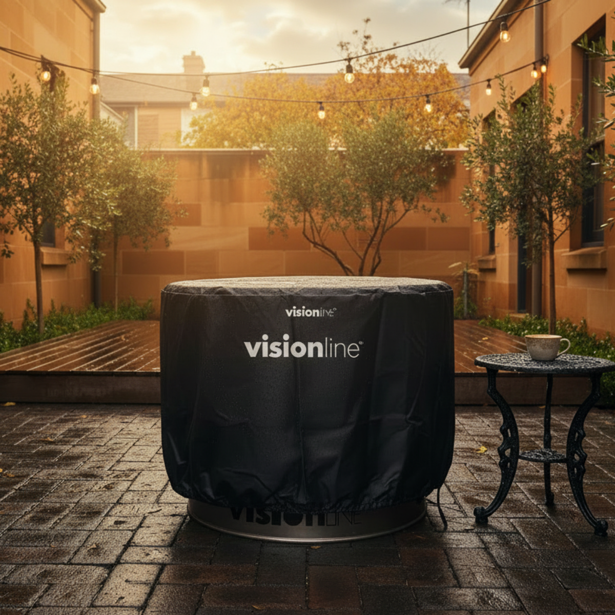 Replacement VisionLINE Fire Pit Cover fitted over a round fire pit in a paved outdoor courtyard, with wet tiles, garden trees, string lights, and a small side table nearby.