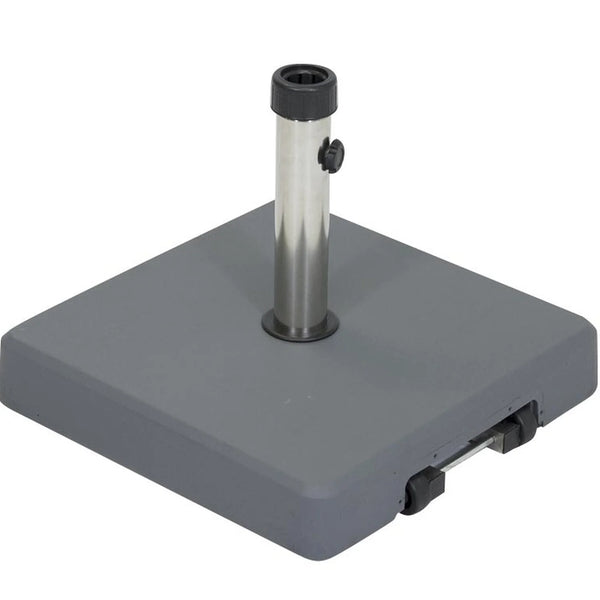 Resort 40kg wheeled umbrella base, solid concrete with stainless stem and pull-out handle.