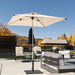 Shadowspec Oasis market umbrella with a square Oyster canopy over an outdoor lounge setting
