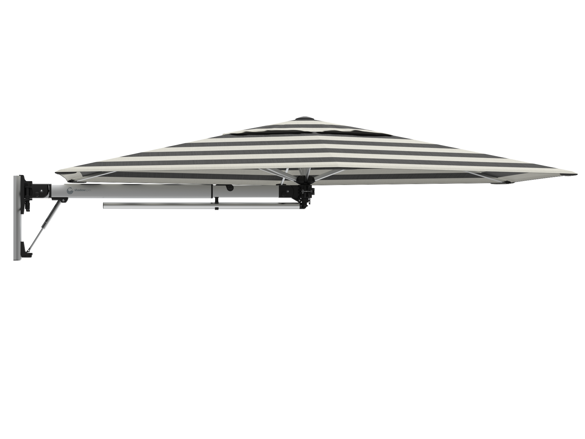 Shadowspec Retreat wall-mounted umbrella in Black and White Stripe canopy