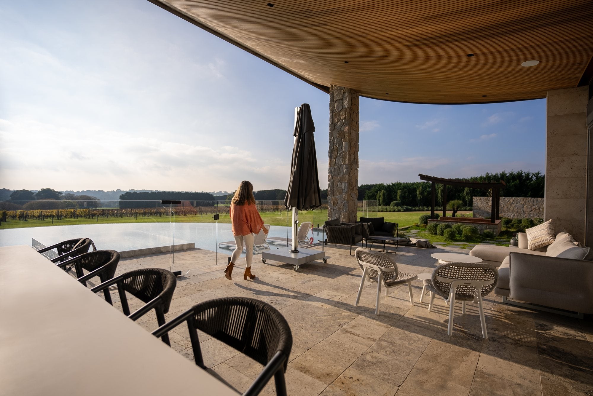 Shadowspec Serenity umbrella closed and stowed on a terrace