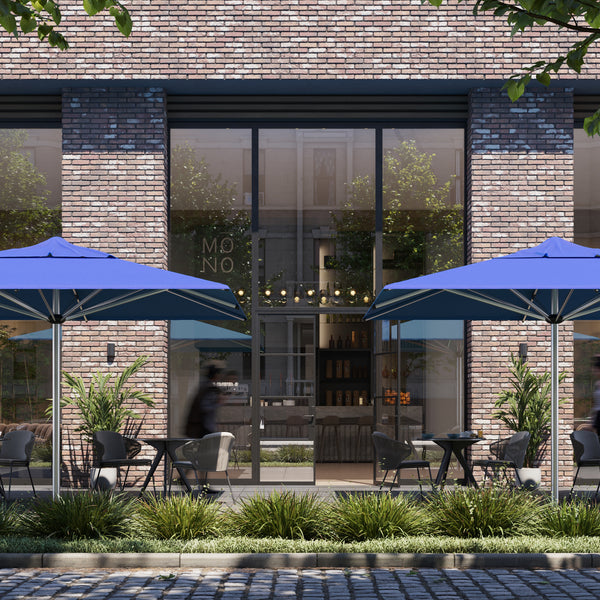 Shadowspec SU10 centre pole umbrellas in blue outside a restaurant frontage