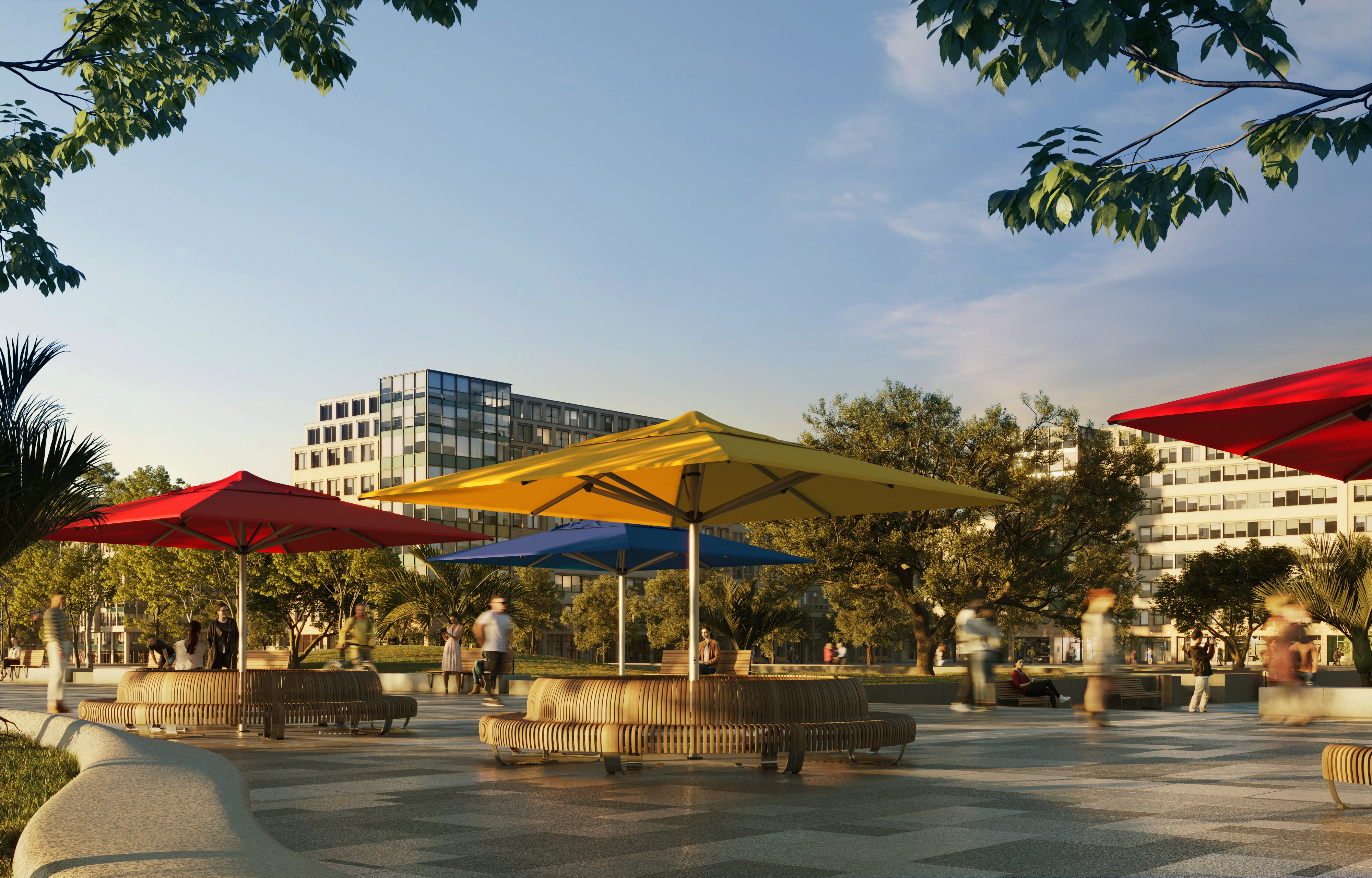 Shadowspec SU10 commercial centre pole umbrella in a public space
