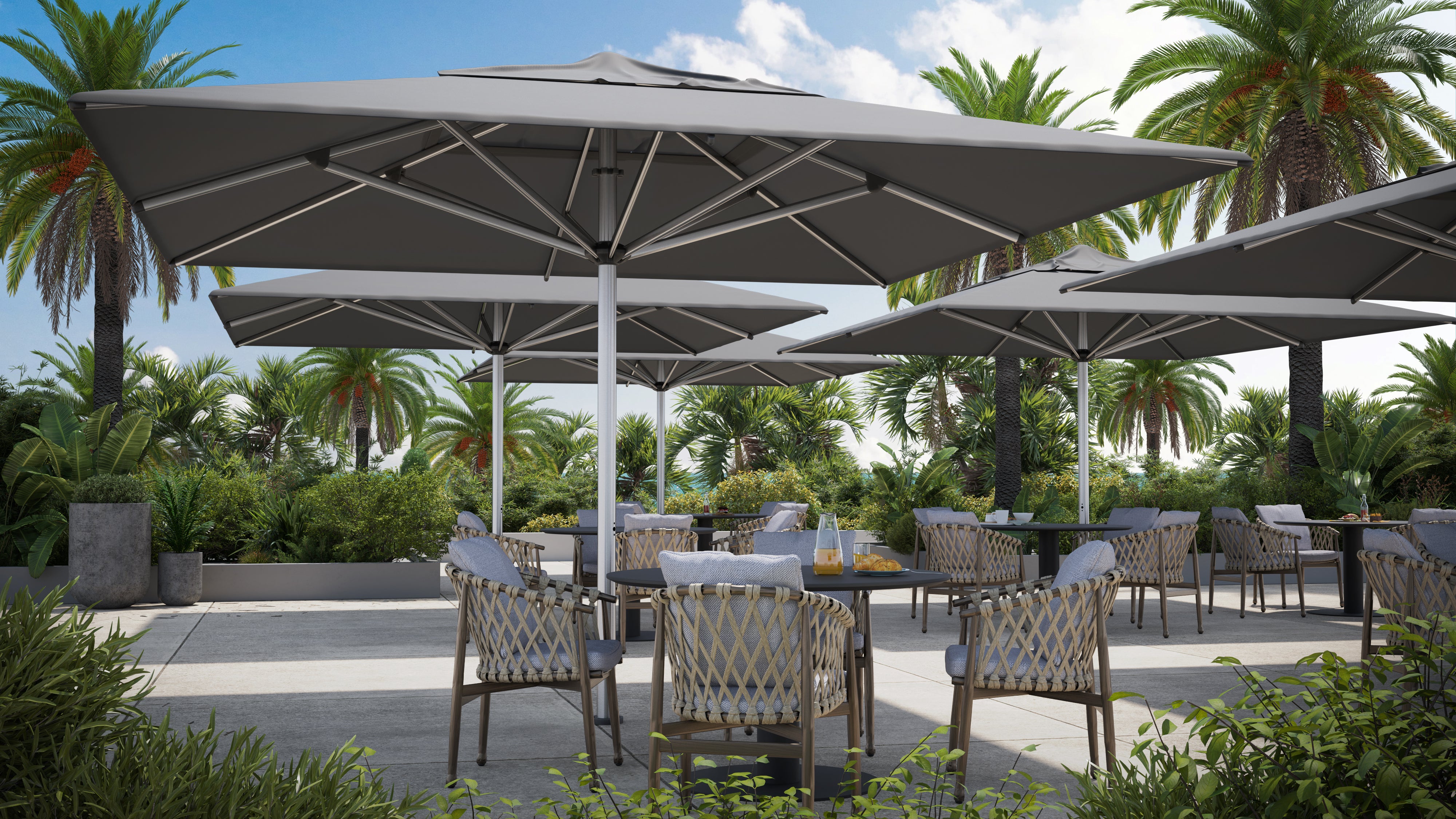 Shadowspec SU10 commercial centre pole umbrella in a restaurant setting