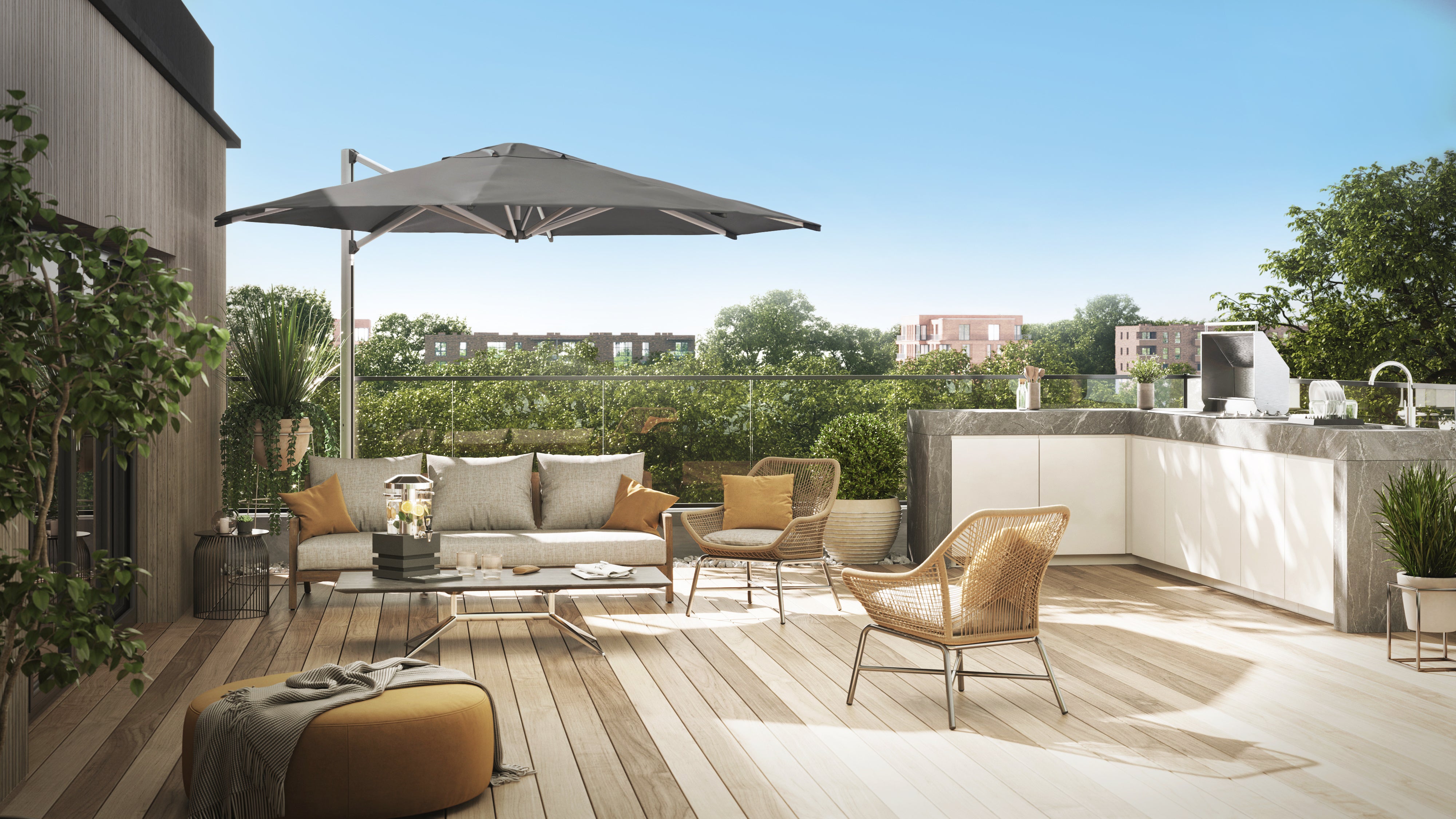 Shadowspec SU4 tilting offset umbrella in grey over a rooftop lounge setting