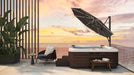 Shadowspec SU4 offset umbrella shading a spa on a timber deck at sunset