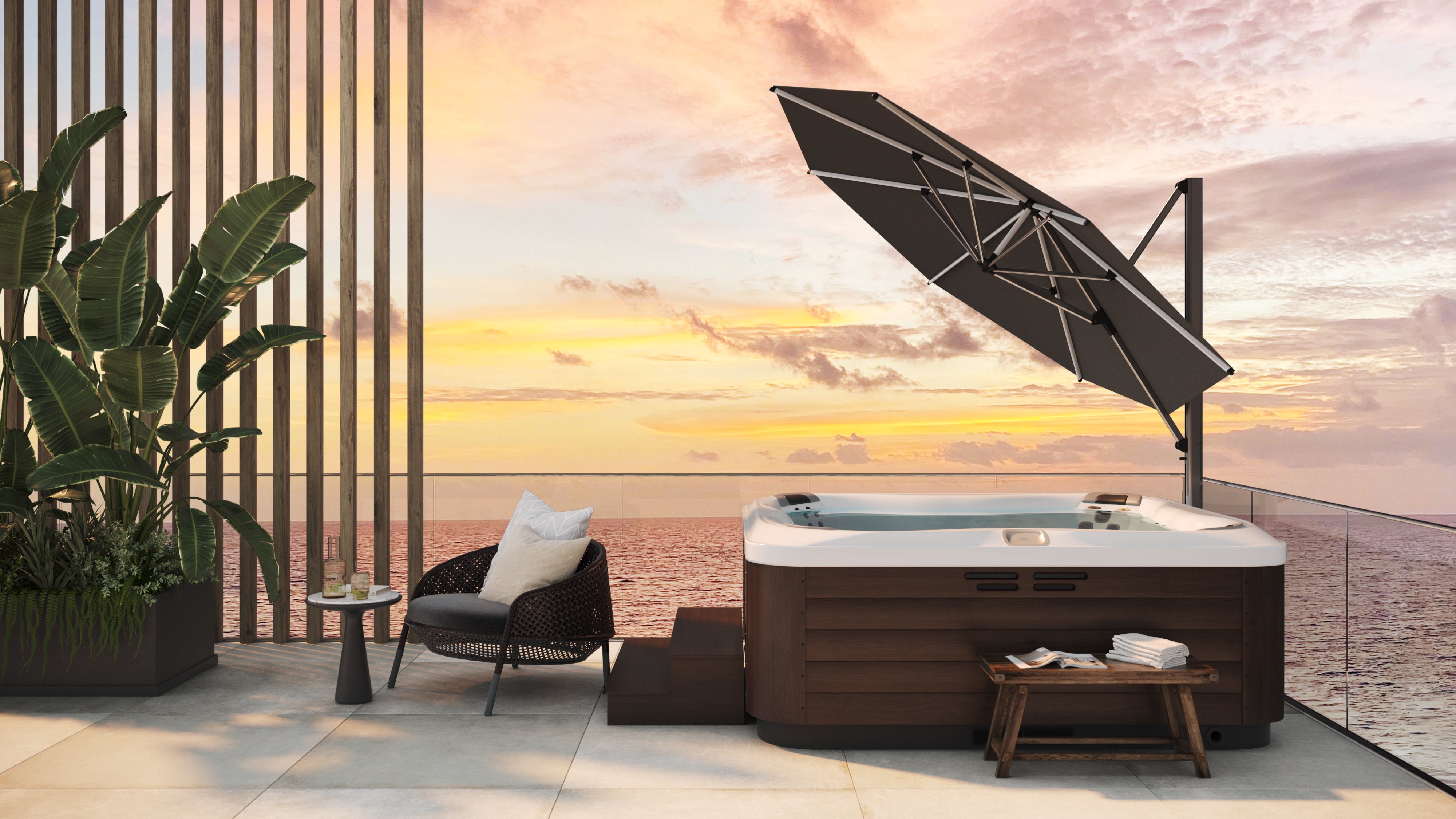 Shadowspec SU4 offset umbrella shading a spa on a timber deck at sunset