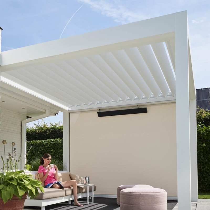 White SkyFlex Delta motorised aluminium louvred pergola shading a modern outdoor lounge patio