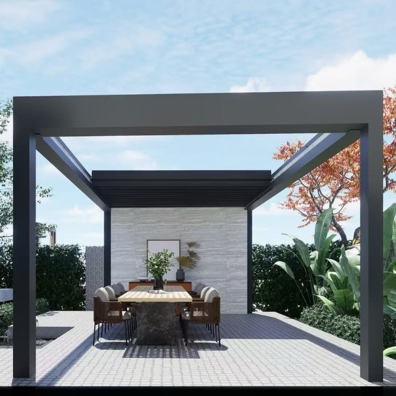 Front view render of a black SkyFlex Delta Open Sky motorised aluminium louvred pergola framing a modern outdoor dining area in a landscaped garden