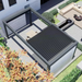 Overhead render of a black SkyFlex Delta Open Sky motorised aluminium louvred pergola in a contemporary garden with partially covered seating space
