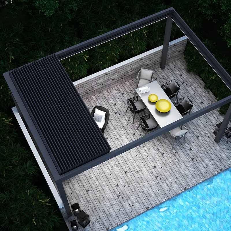 Overhead render of a black SkyFlex Delta Open Sky motorised aluminium louvred pergola beside a pool, covering part of a timber deck dining area