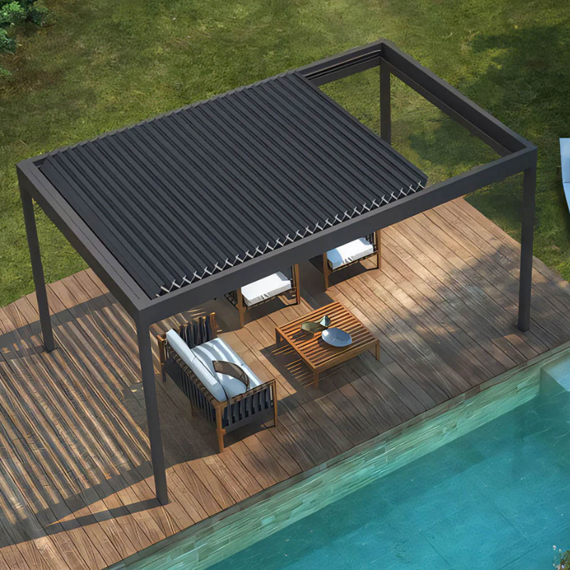 Angled overhead render of a black SkyFlex Delta Open Sky motorised aluminium louvred pergola over a poolside timber deck with lounge furniture underneath