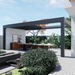Side view render of a black SkyFlex Delta Open Sky motorised aluminium louvred pergola covering a modern outdoor dining terrace