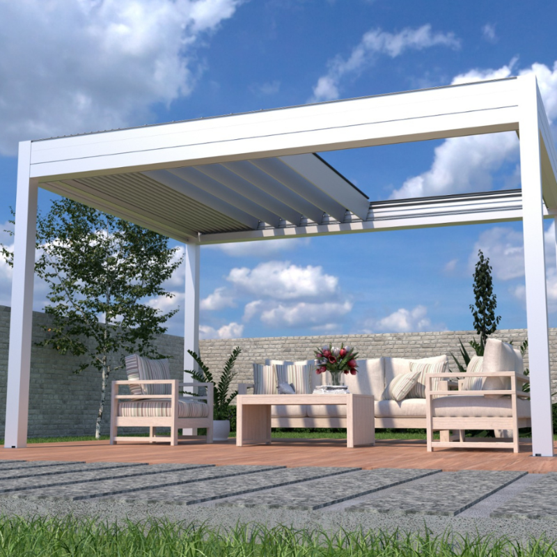 White SkyFlex Delta Open Sky motorised aluminium louvred pergola in a garden render, shading an outdoor lounge set on a timber deck