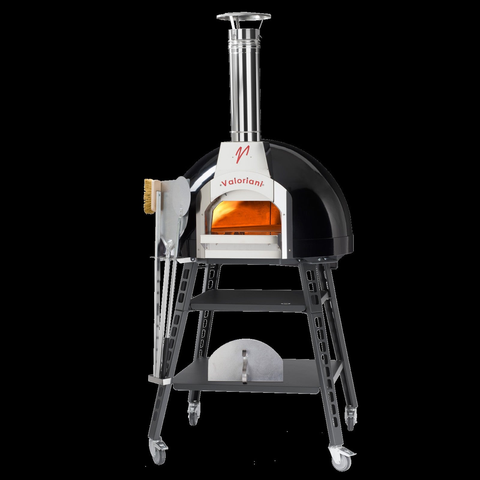 Valoriani BABY oven in Cream on its stand with the fire lit