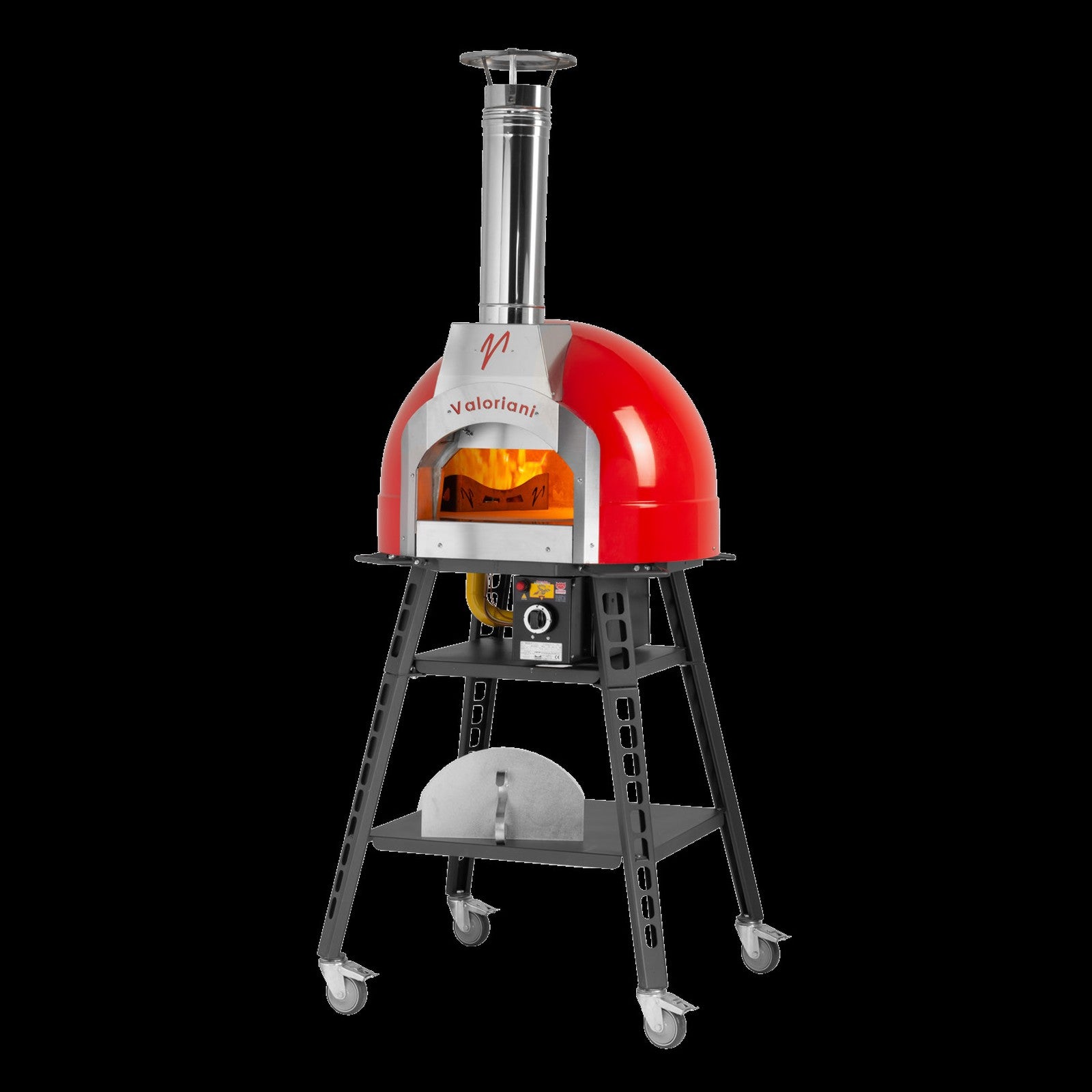 Valoriani BABY oven in Red on its stand with the fire lit