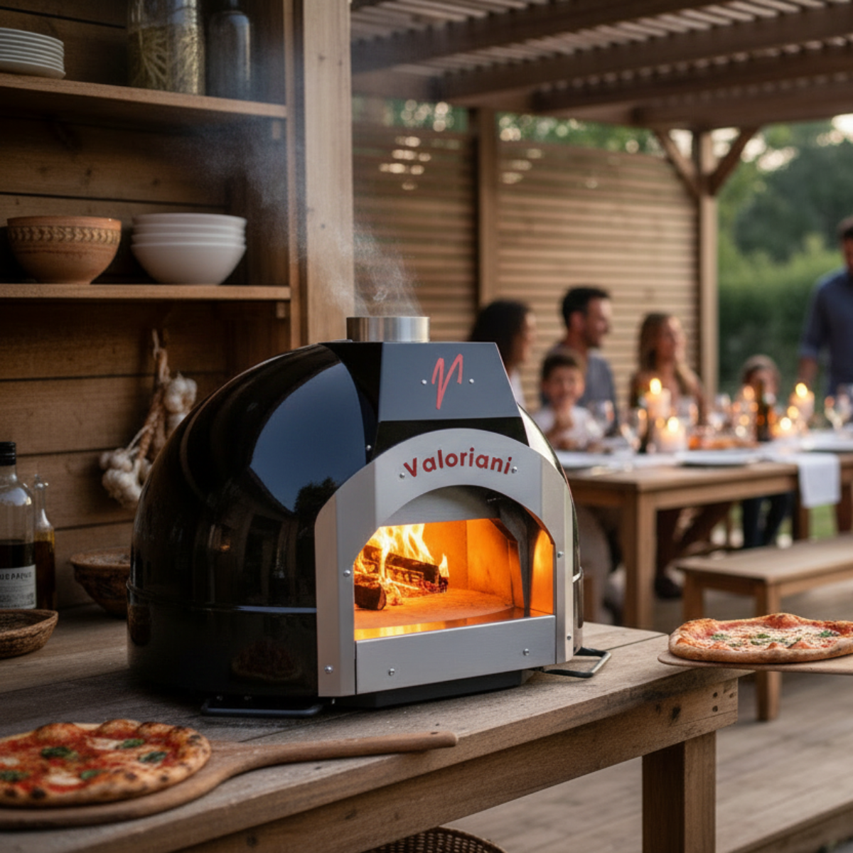 A sleek black Valoriani Family BABY F75 pizza oven for home use is positioned on a rustic wooden counter during an evening gathering. In the blurred background, a family sits at a long dining table illuminated by candles and string lights. Two pizzas on wooden peels are ready to be served, showcasing the social atmosphere often highlighted in a Valoriani baby 75 review.