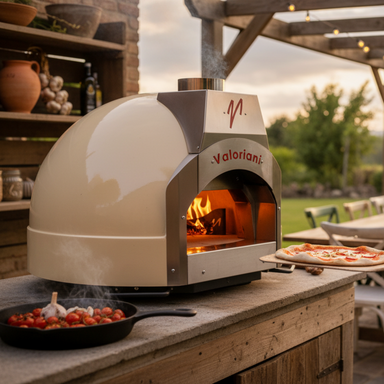 A cream-colored Valoriani Family BABY F75 Pizza Oven is built into a stone outdoor kitchen countertop. To the left, a cast-iron skillet filled with roasted cherry tomatoes and garlic steams on the counter, while a pizza is being held on a peel to the right. The scene highlights the versatile cooking capacity that justifies the Valoriani pizza oven price for outdoor enthusiasts.