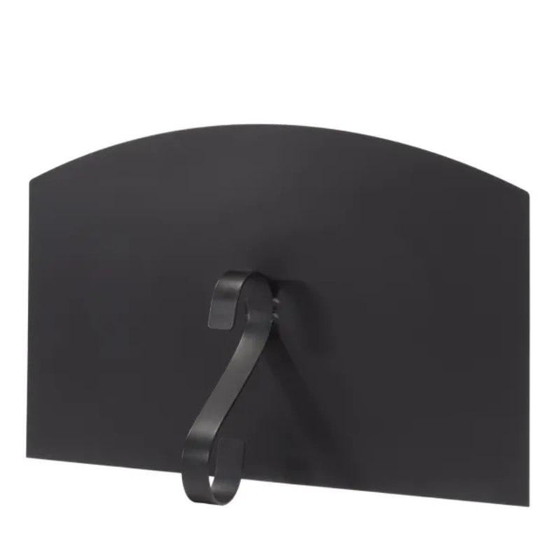 A black, arched metal removable door for the Valoriani Family FVR120 Pizza Oven, featuring a large, stylized black S-shaped handle for heat protection.