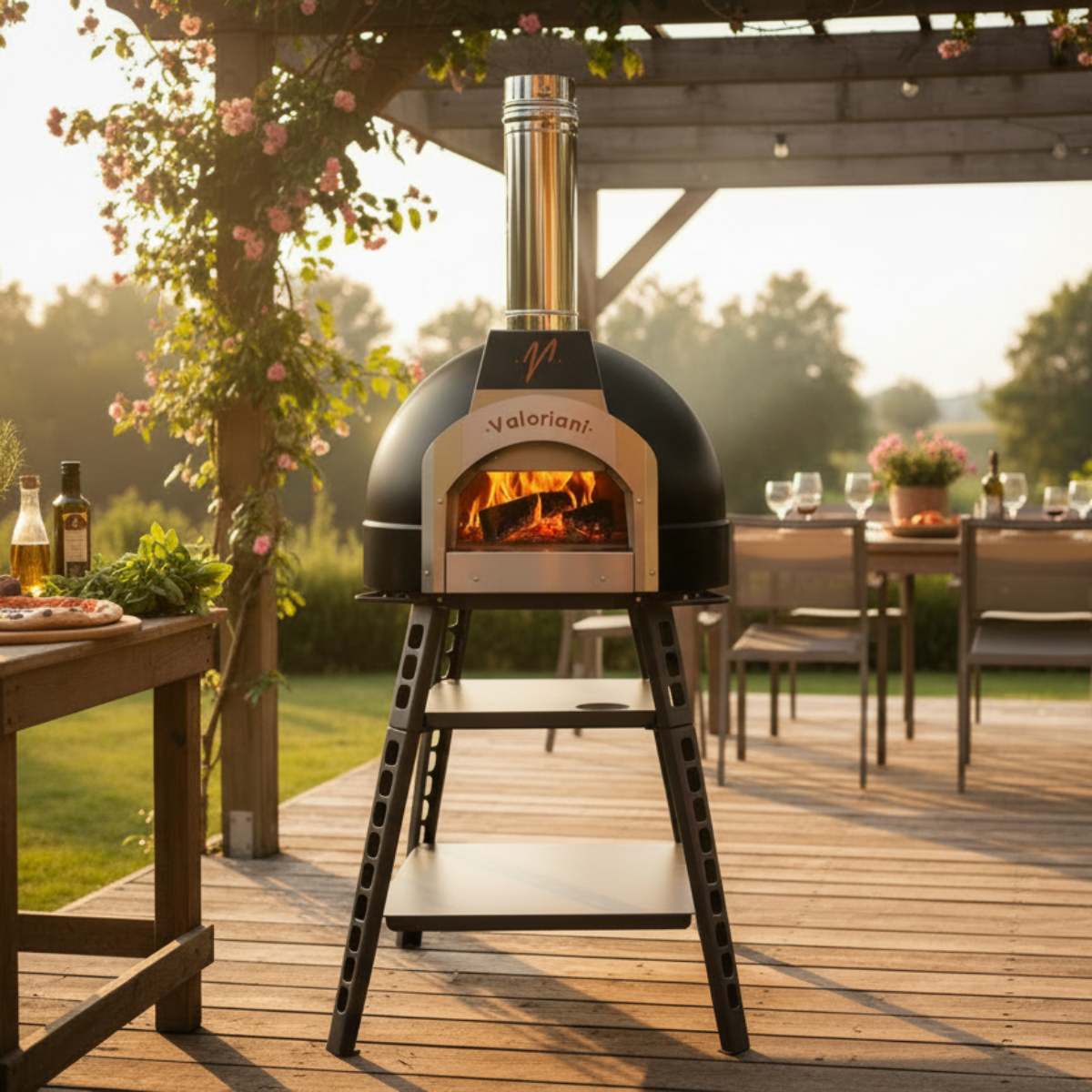 A Black Valoriani Family STAND F75 pizza oven set in a lush outdoor garden during sunset. The oven is placed on a rustic wooden countertop with a freshly baked pizza resting on a wooden board nearby. The scene illustrates the oven as a centerpiece for outdoor dining, available as a Valoriani Family STAND F75 pizza oven under $25,000.