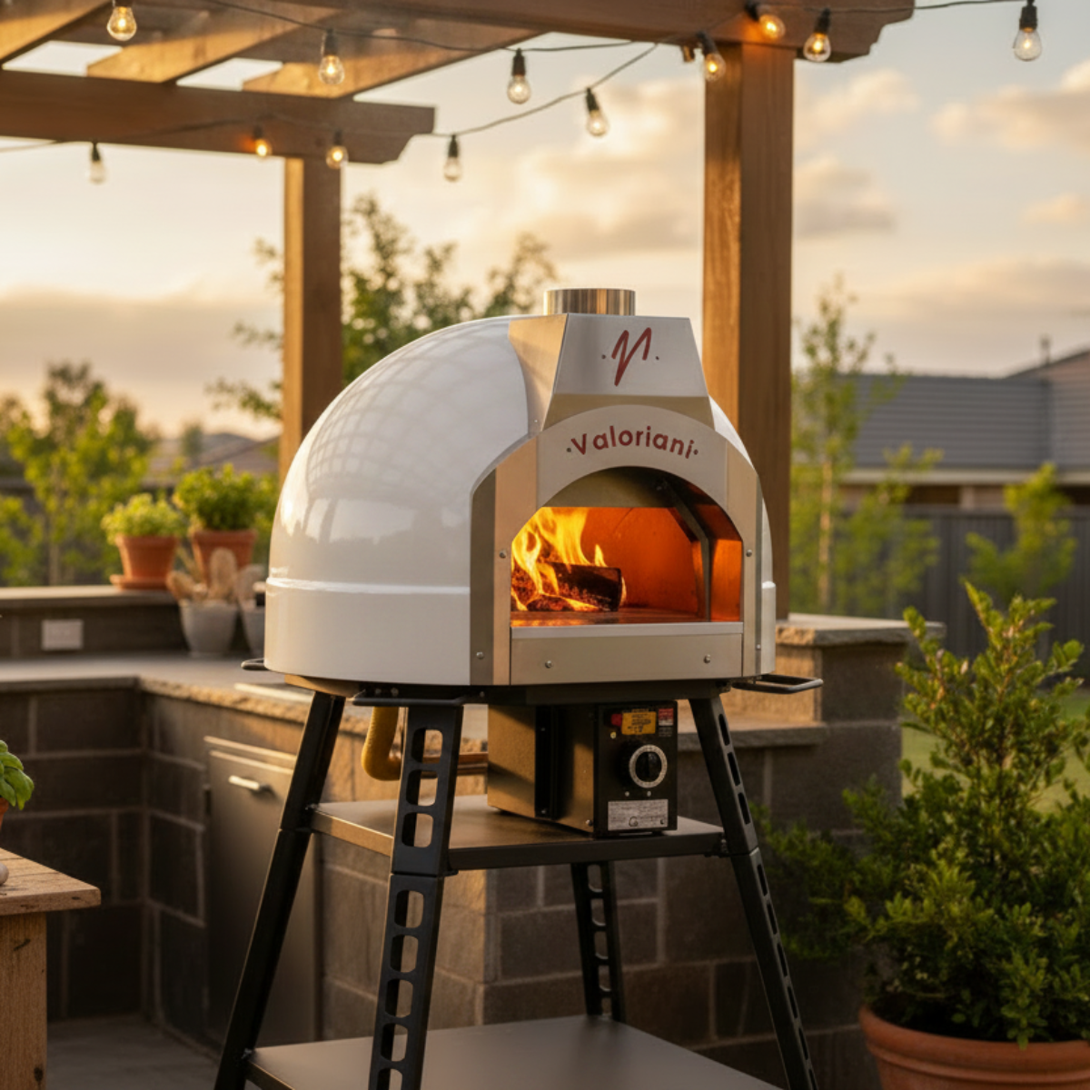 A white-colored Valoriani Family STAND F75 Pizza Oven integrated into an outdoor stone kitchen. A metal pizza paddle is shown pulling a hot margherita pizza from the flaming interior. This setup demonstrates the professional performance of the oven, which is available with Valoriani Family STAND F75 pizza oven free delivery.