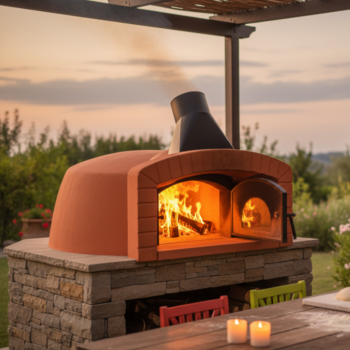 Valoriani Family TOP120 Pizza Oven is integrated into a stone countertop on a residential patio at dusk. Smoke rises gently from the black chimney while a warm fire glows inside the open door. In the foreground, a wooden dining table is decorated with lit candles, showcasing the oven as a centerpiece for outdoor entertaining.