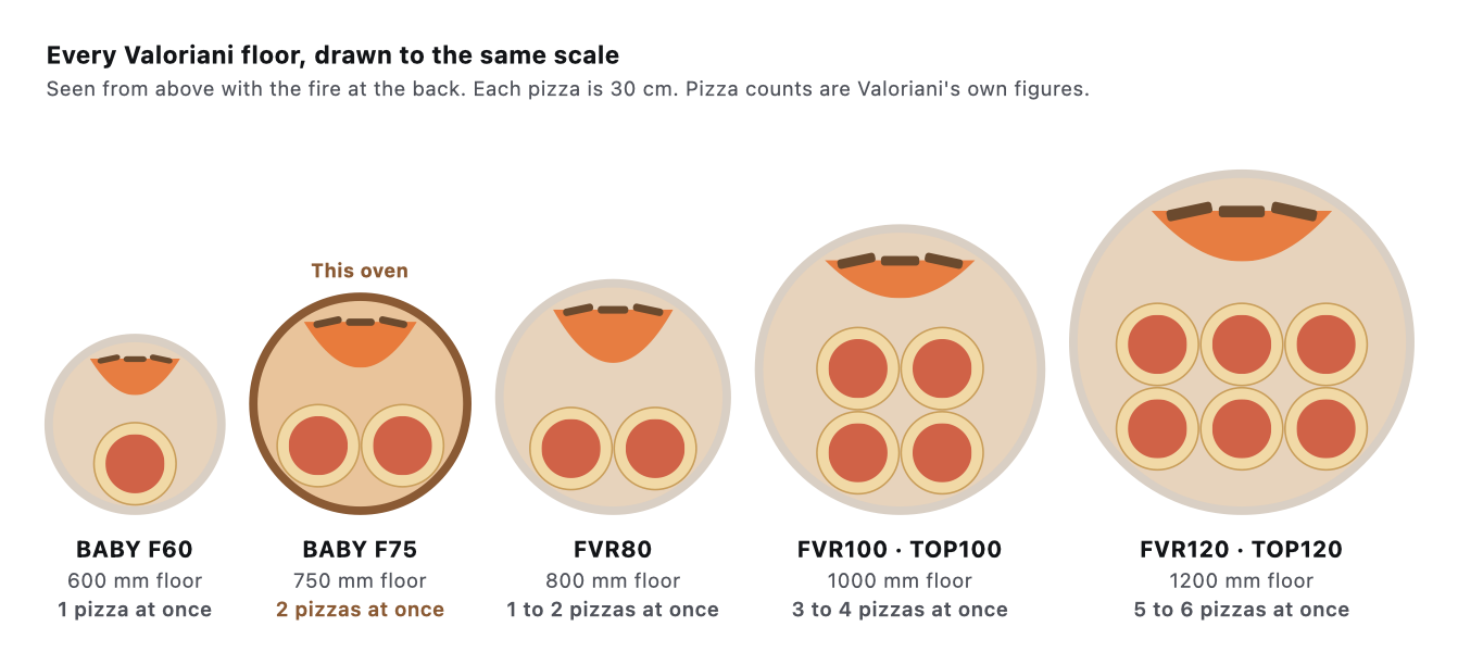 Valoriani cooking floors drawn to the same scale, with 30 cm pizzas: BABY F60 one, BABY F75 two, FVR80 one to two, FVR100 and TOP100 three to four, FVR120 and TOP120 five to six